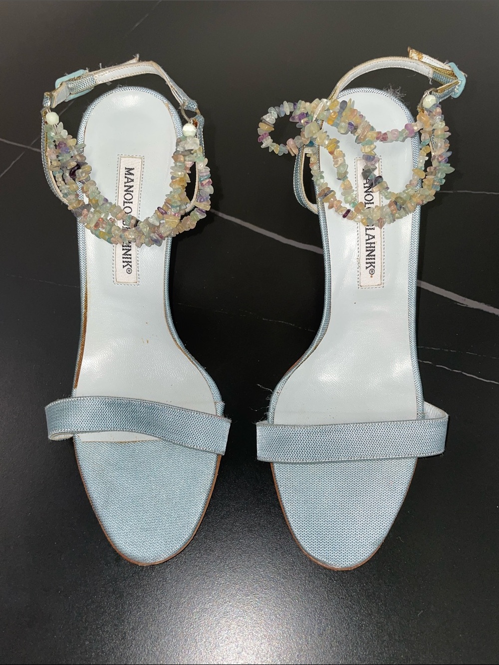 MANOLO BLAHNIK BEADED AND STONE CHIP EMBELLISHED HEELED SANDALS FTL-08-205